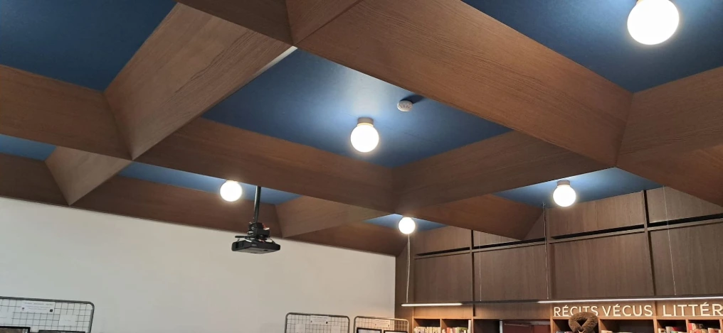 Plafond à caissons bleus et bois de la salle de lecture — Bibliothèque Rebecq